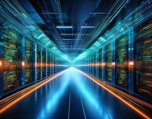 Fototapeta premium modern data center illuminated by glowing blue green lights dynamic data streams flow with orange blue particles representing high speed information transfer futuristic cyberspace atmosphere