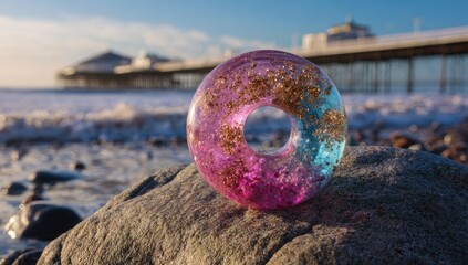 Donut-shaped ornament with gold flecks on a beach rock