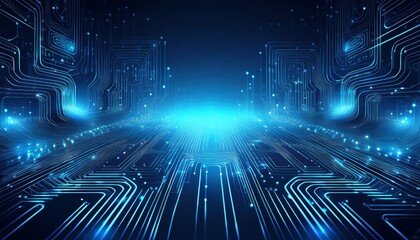abstract dark blue glowing circuit board technology background with light dots and lines futuristic design for cybersecurity themes digital data visualization or tech poster in cyber style