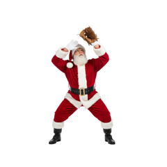 PNG cut out isolated background. A full-length studio shot of a man in a Santa Claus costume wearing a baseball glove and in position to catch a high fly ball. 