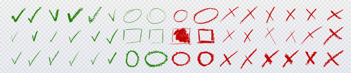Obraz na płótnie Canvas Green and red vote check doodle marks with circles, squares for correct or incorrect answers - crayon texture symbols on transparent background. Educational materials for tests and to do lists.