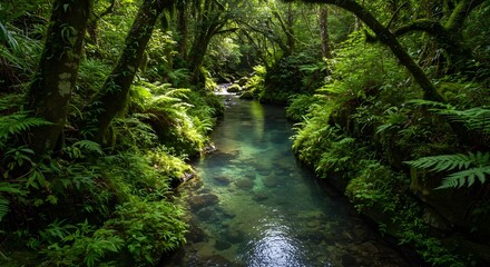 Crystal-clear stream flowing through lush tropical forest with sunlight filtering through trees