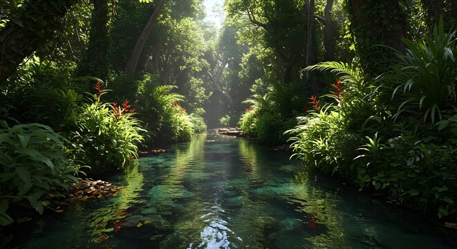 Crystal-clear stream flowing through lush tropical forest with sunlight filtering through trees