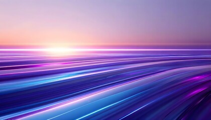 Abstract background of glowing purple and blue light trails moving at high speed towards a bright horizon.