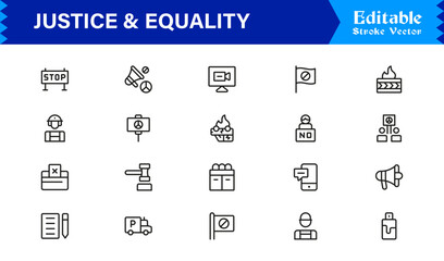 Justice And Equality Professional Line Icon Collection – Modern, Minimal, Pixel-Perfect Legal Symbols With Editable Outline Style for Premium Use