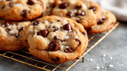 A tempting arrangement of freshly baked chocolate chip cookies topped with flaky sea salt, showcasing their gooey chocolate centers and golden edges perfectly.