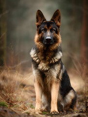 Naklejka premium A majestic german shepherd sitting attentively in a forest clearing with a blurred background