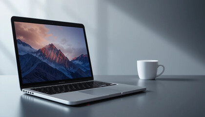 Fototapeta premium Silver laptop displaying mountain landscape next to white coffee mug computer technology