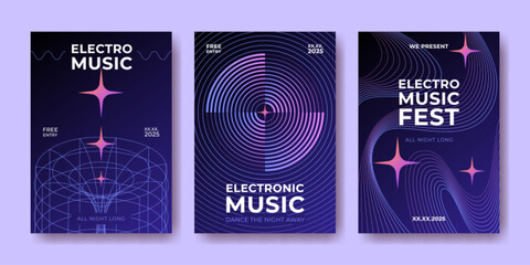 Vibrant electro music posters with waves, sound ripples - layouts for nightlife events. Gradient starbursts with circular patterns, wireframe grids and flowing lines for electronic festival promotion