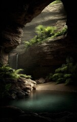 Serene Cave Oasis with Lush Greenery and Waterfall