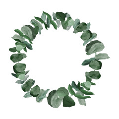 Wreath of watercolor eucalyptus leaves, cirle frame with space for text.