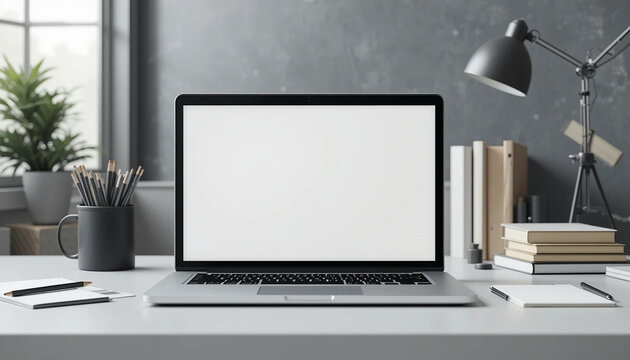Silver laptop with blank screen on desk with plant pencils and books computer white