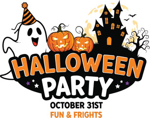 Spooky Halloween party invitation with ghost, pumpkins, and haunted house