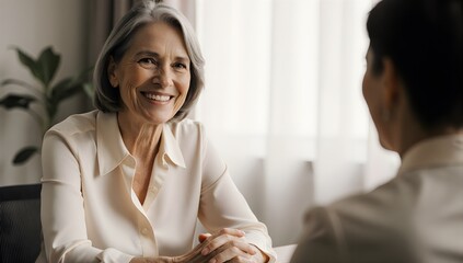 Positive Older Woman Relaxed Meeting Home Office