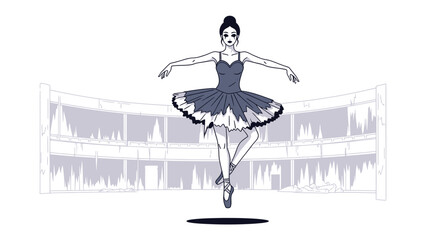 Graceful Ballerina on Stage: A beautifully illustrated ballerina in mid-air, executing a perfect dance move with poise and artistry, set against an abstract theatre backdrop.  © Hasib