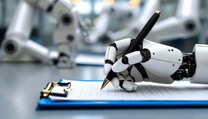 Robotic arm writing on a clipboard, symbolizing AI and automation in business.