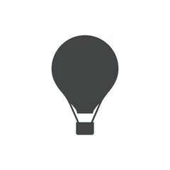 Simple dark gray solid icon of a hot air balloon with a basket, symbolizing travel, adventure, romance, flight, and outdoor exploration in a minimalist vector design.