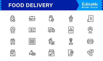 Food Delivery Line Icon Set Modern Minimal Outline Symbols for Online Orders and Takeout