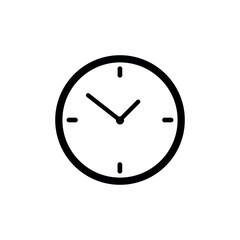 Simple outline icon of a classic wall clock with hour and minute hands, symbolizing time, schedule, deadline, timing, and time management in a minimalist vector design.