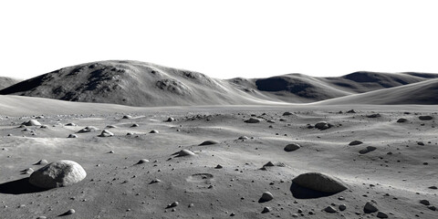 Barren Lunar Landscape with Craters and Rocky Terrain
Desolate Moon Surface with Gray Hills and Boulders