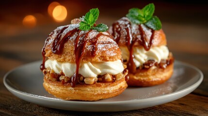 A close-up of sumptuous pastries filled with cream and drizzled in rich chocolate sauce, appealing to dessert lovers with a tempting presentation.