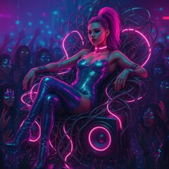 Cyberpunk Queen Sitting on Speaker Throne Surrounded by Pink Neon Wires