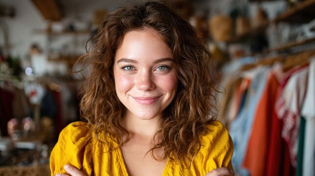 A joyful young woman with curly hair poses in a charming boutique, radiating positivity and warmth, capturing the essence of happiness through her cheerful demeanor.