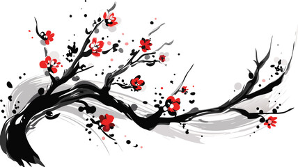 Red ink splash heart pattern design with cherry blossom illustration