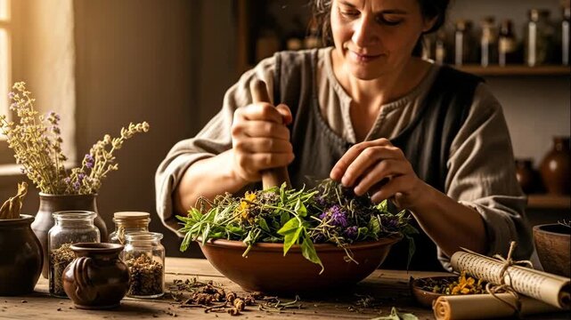 Woman crushing fresh and dried herbs in a mortar with a pestle for traditional folk medicine or apothecary recipe footage.