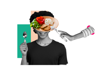 Creative collage poster young person hunger food ready eat dish dinner morning breakfast lunch plate fork spoon hand body fragment excited
