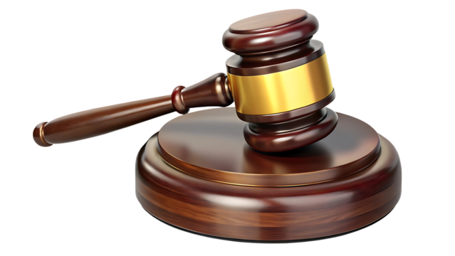 Isolated Wooden Gavel with Gold Accent on Black Background Symbolizing Justice and Legal Proceedings