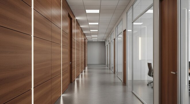 Modern Interior Corporate Hallway Perspective with Wood Panels and Glass Walls