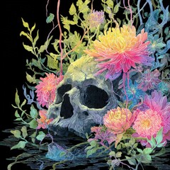 Watercolor Skull with Floral Elements in Illustration