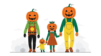 Pumpkin Headed Family: A charming family, each member adorned with a festive pumpkin head, spreads joy and warmth.