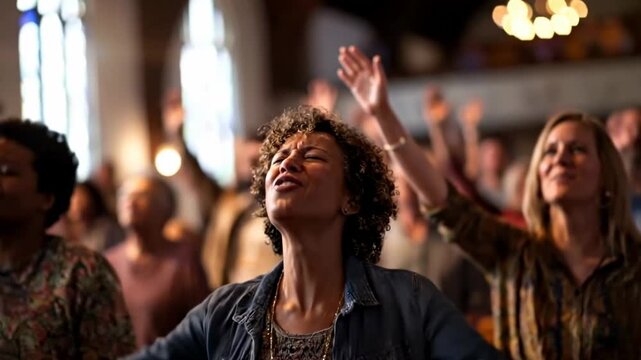 People praying in ecstasy with passion at the church of Jesus Christ the Lord