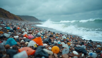 Polluted Beach Covered with Plastic Waste and Debris, Highlighting Environmental Issues for Ecology Blogs, Awareness Campaigns, and Sustainability Education