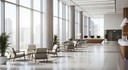 Fotobehang Hotel chique Modern Minimalist Interior Lobby Waiting Area with Large Windows and Furniture  © Ofida Studio
