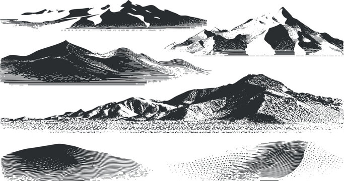 Stylized black and white illustrations of various mountain landscapes and terrains..