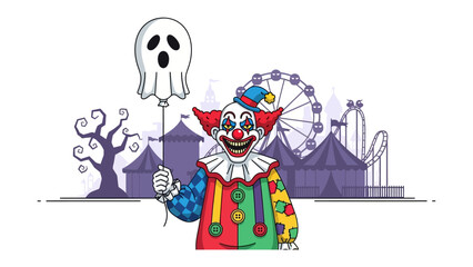 A Carnival Clown's Spooky Delight: A vibrant and playful cartoon depicts a smiling clown at a whimsical carnival, holding a spooky ghost balloon amidst a backdrop of rollercoasters.