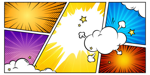 Colorful comic panels with cloud explosions and superhero action bursts for pop art design. Retro halftone frames with white speech bubbles. Vintage cartoon strip layout for graphic novels or posters. © klyaksun
