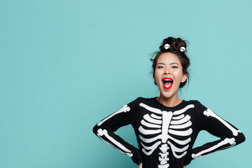 Naklejka premium Happy young woman in skeleton costume laughing on turquoise background