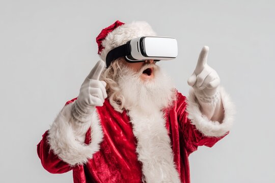 Santa Claus wearing VR headset exploring virtual reality on gray background
