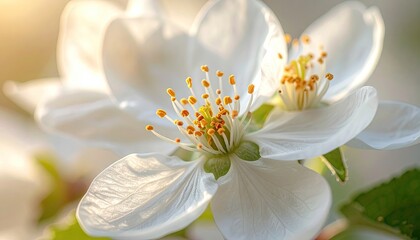 Obraz premium Close Up of White Apple Blossoms with Orange Stamens in Sunlight