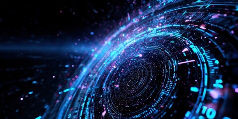 A vibrant, swirling digital vortex with glowing particles and numbers, evoking a sense of motion and futuristic technology.