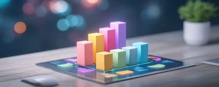 A vibrant 3D bar graph displayed on a digital tablet, illustrating data analysis with colorful bars against a blurred backdrop.