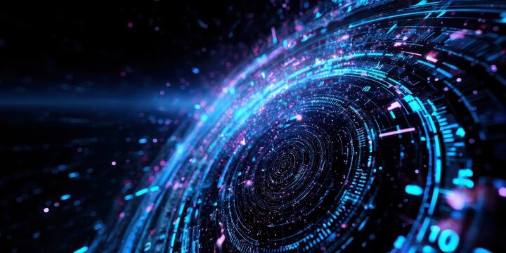 A vibrant, swirling digital vortex with glowing particles and numbers, evoking a sense of motion and futuristic technology. - Powered by Adobe