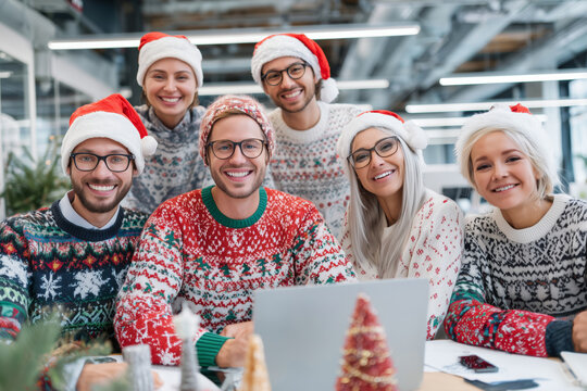 Group of coworkers in Christmas sweaters and Santa hats smiling in office