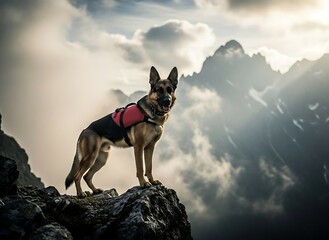 Loyal Adventure Companion: German Shepherd Reaching New Heights in Majestic Mountain Landscape for Outdoor Lifestyle Campaigns and Pet Industry Advertising