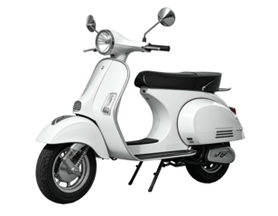 White, vintage-style scooter with chrome accents, black seat, and a classic design