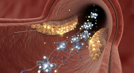 Journey through a Vein: An immersive, artistically detailed illustration unveils the intricate pathways within a blood vessel, highlighting key biological processes.